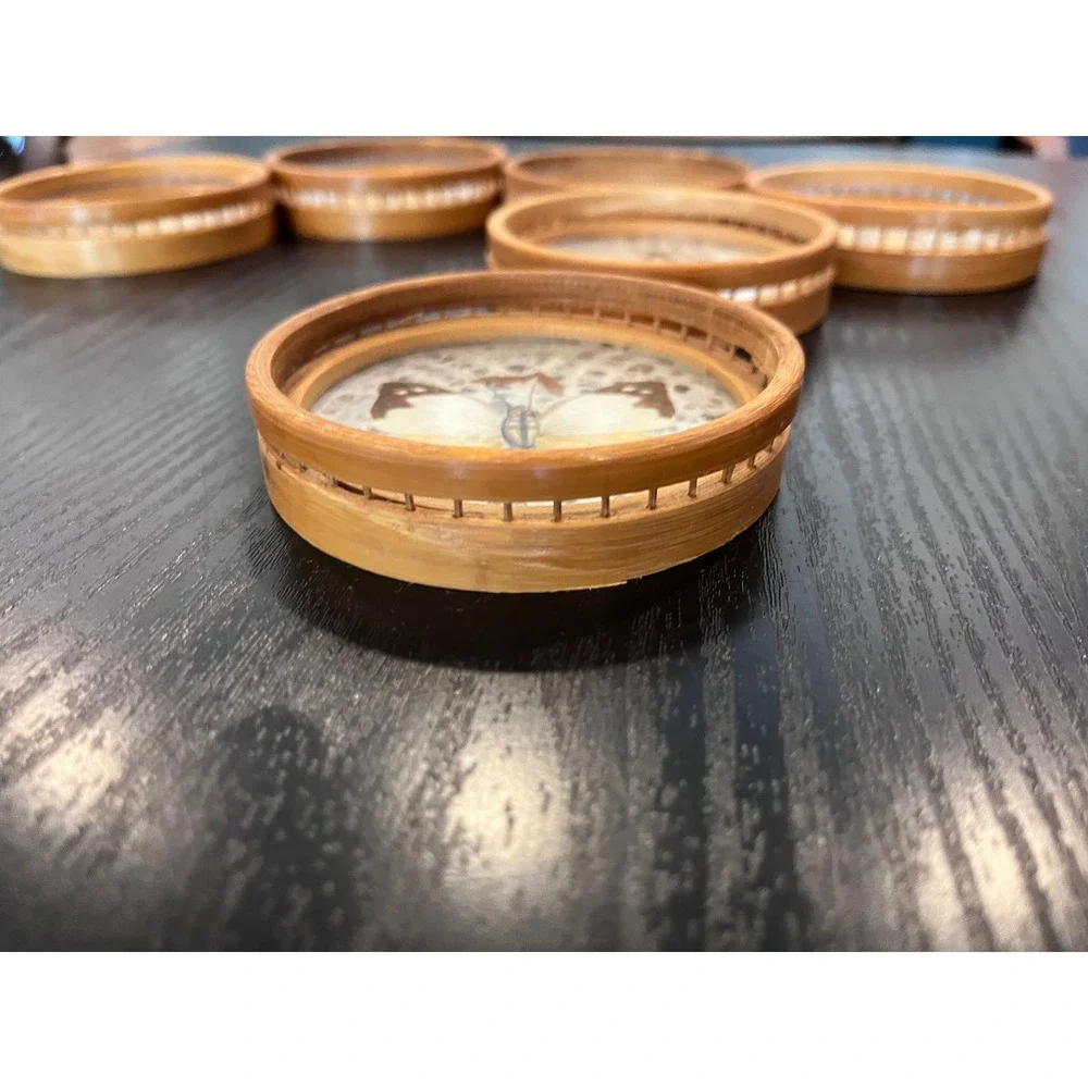 Vintage Bamboo Coasters Set of 6 Real Preserved Butterfly Glass Boho Decor